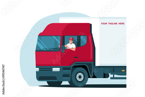 Cheerful driver showing thumbs up while driving a truck. Vector illustration.