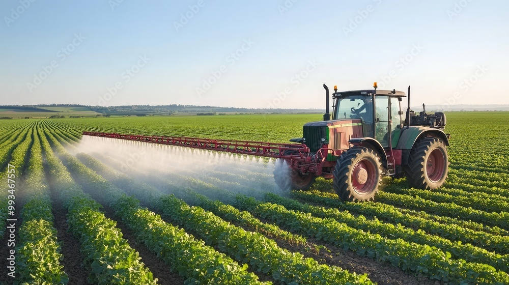 Agricultural tractor spraying pesticides on a farm field, visible droplets forming as it moves through the crops. Agricultural tractor spraying pesticides on a farm field, visible droplets forming as it moves through the crops.
