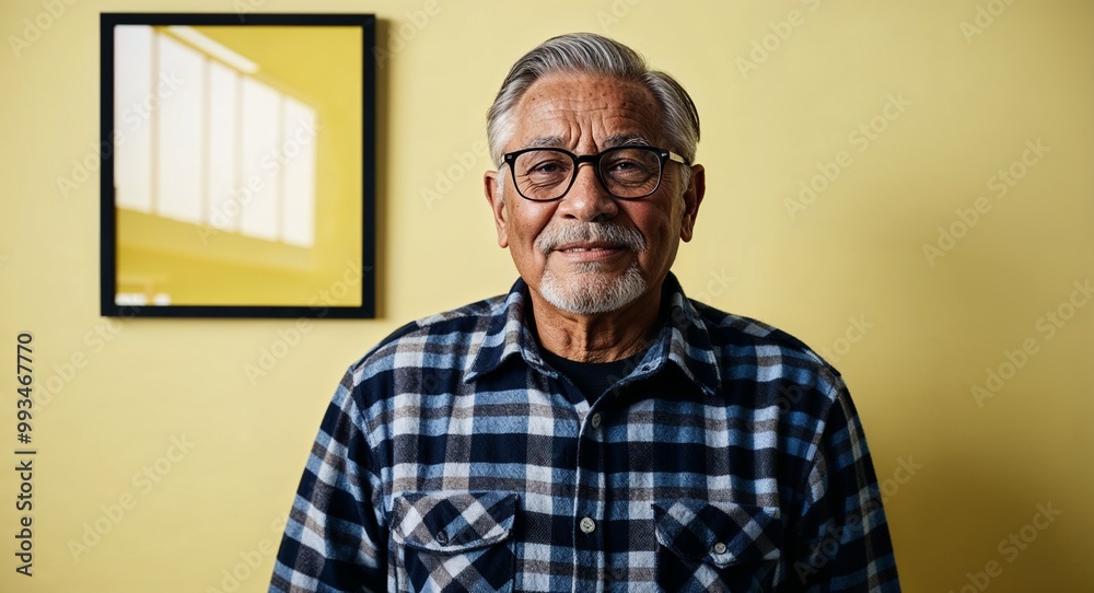 Obraz premium Confident elderly Hispanic man with glasses wearing flannel on plain yellow background