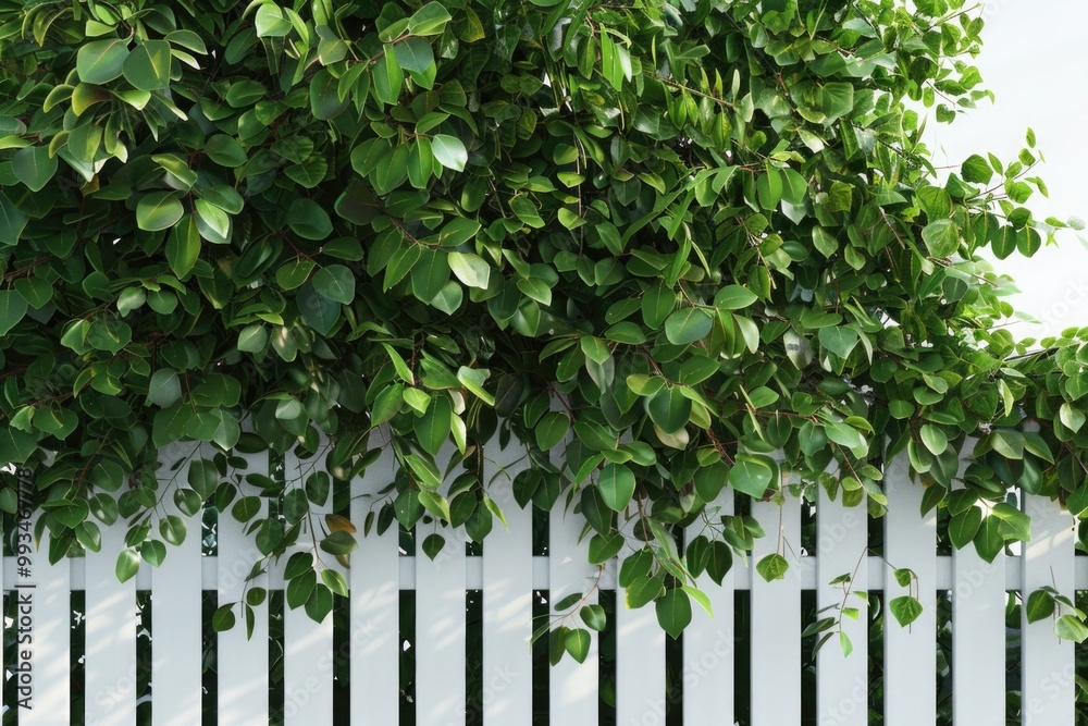 A simple white fence covered in lush green leaves, perfect for outdoor or nature-themed designs A simple white fence covered in lush green leaves, perfect for outdoor or nature-themed designs