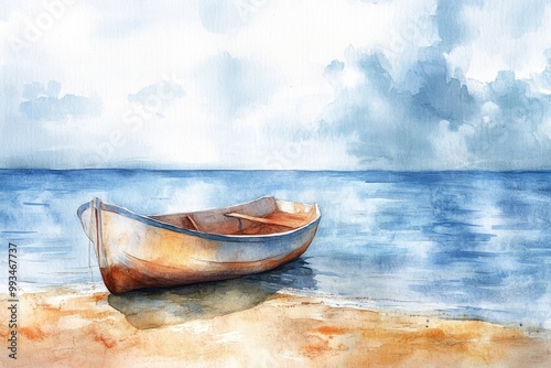 Lonely wooden boat resting on the shore of a calm sea photo