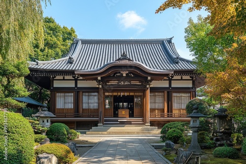 Traditional japanese buddhist temple building surrounded by a tranquil garden photo