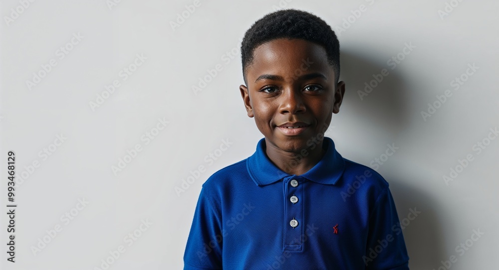 Obraz premium Confident young Black boy with short hair wearing polo shirt on plain white background