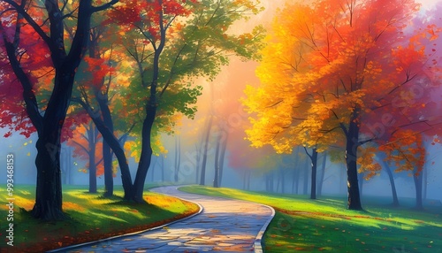 Cobblestone Path in Autumn Park