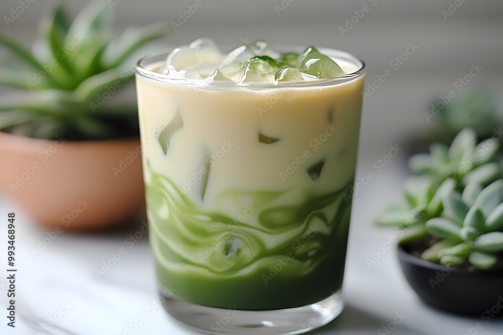 Iced Matcha Almond Milk Latte: Swirls in Glass on Minimalist Café Table Iced Matcha Almond Milk Latte: Swirls in Glass on Minimalist Café Table
