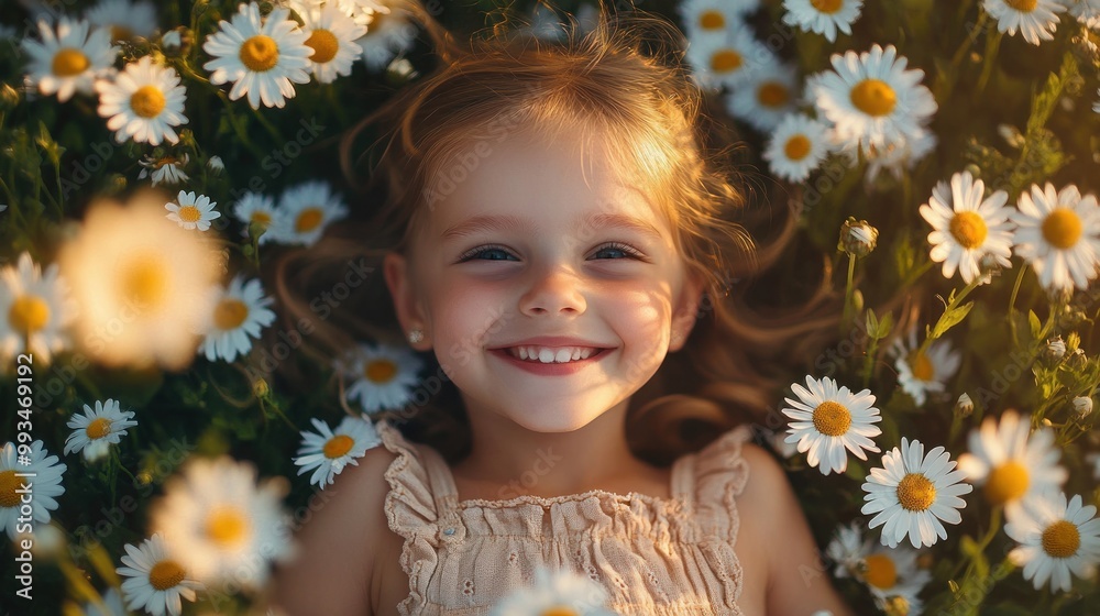 Portrait of a Smiling Girl Lying in a Field of Daisies Portrait of a Smiling Girl Lying in a Field of Daisies