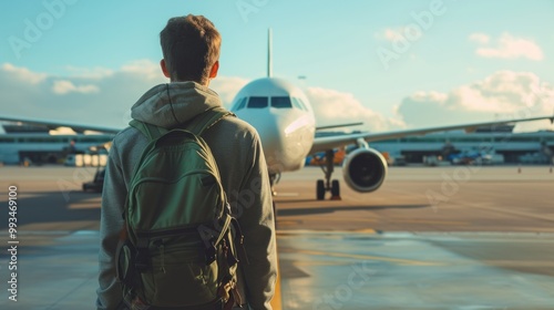 A man with a large backpack is standing in front of an airplane