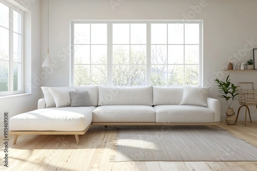 A modern living room with a soft white tone finish. A living room photo of a combination of Scandinavian interiors and mid-century modern interiors with comfortable sofas. Generative AI 