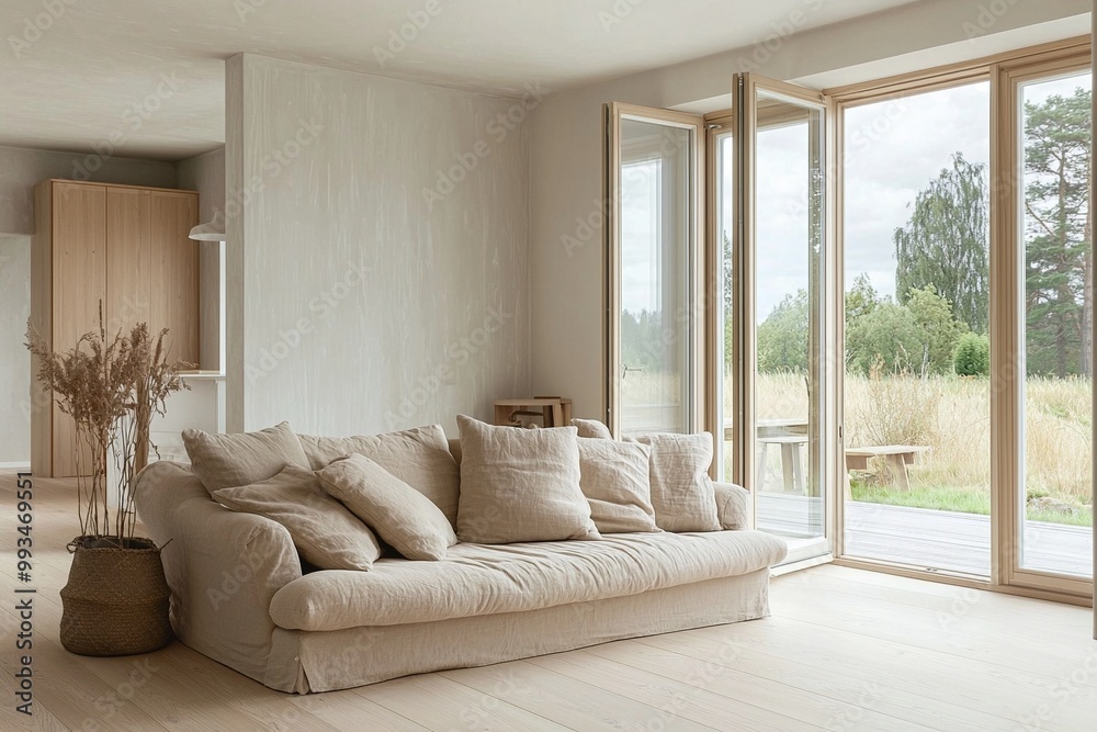 Fototapeta premium A modern living room with a soft white tone finish. A living room photo of a combination of Scandinavian interiors and mid-century modern interiors with comfortable sofas. Generative AI