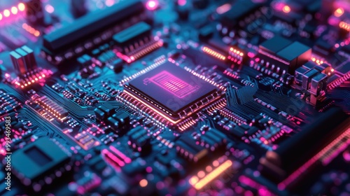 Close-up of a microchip with tiny circuits and glowing lights, showcasing the foundation of advanced technology.