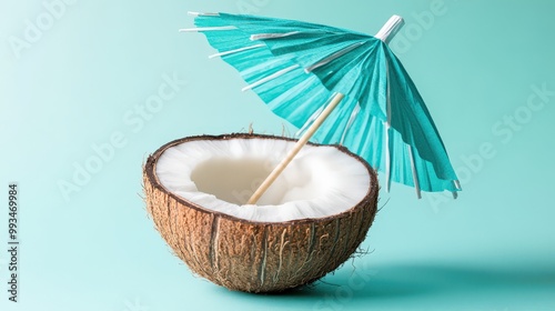 A halved coconut with a green umbrella inserted into it. The coconut is sitting on a green background. Template for vacation feelings