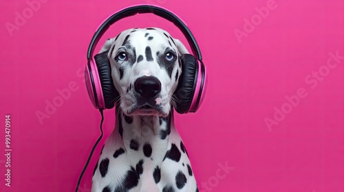 Dalmatian dog with big headphones on, posed against a bubblegum pink backdrop, giving off playful and quirky vibes.