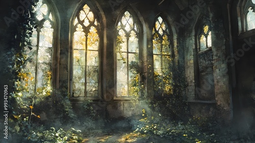 A haunting image of an old, abandoned church, its stained glass windows broken, leaving jagged edges that catch the light. Vines twist and wind through the empty frames, reclaiming the space 