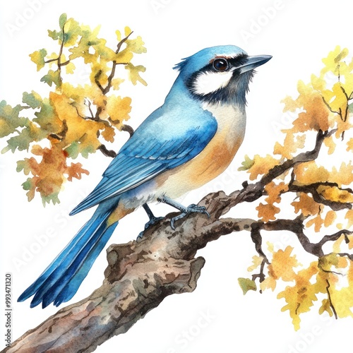 Blue bird perched on a branch, autumn leaves. photo