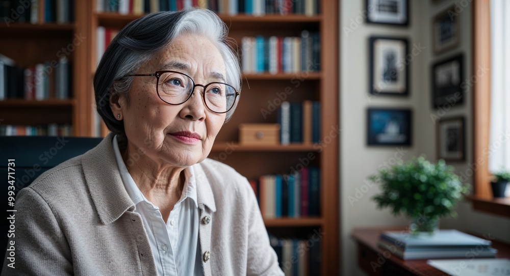 Focused elderly Asian woman wearing glasses in a home office with bookshelves Focused elderly Asian woman wearing glasses in a home office with bookshelves
