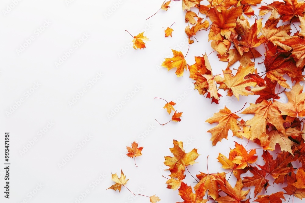 A close-up shot of vibrant autumn leaves against a white background, ideal for use in designs related to fall, nature, or seasons A close-up shot of vibrant autumn leaves against a white background, ideal for use in designs related to fall, nature, or seasons