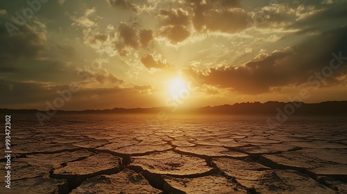 A stark landscape showcases a heatwave with a blazing sun high in the sky, casting harsh light over the cracked earth below. The parched ground is filled with deep fissures and desolation, emphasizing photo