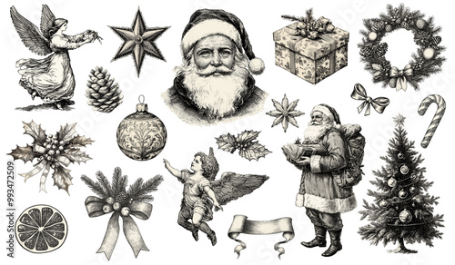 set of christmas elements vintage illustration isolated on transparent background