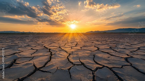 A stark landscape showcases a heatwave with a blazing sun high in the sky, casting harsh light over the cracked earth below. The parched ground is filled with deep fissures and desolation, emphasizing photo