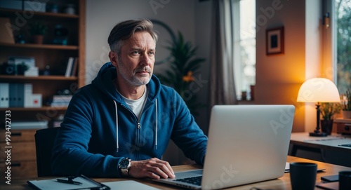 Focused middleaged Caucasian man wearing a hoodie in a home office