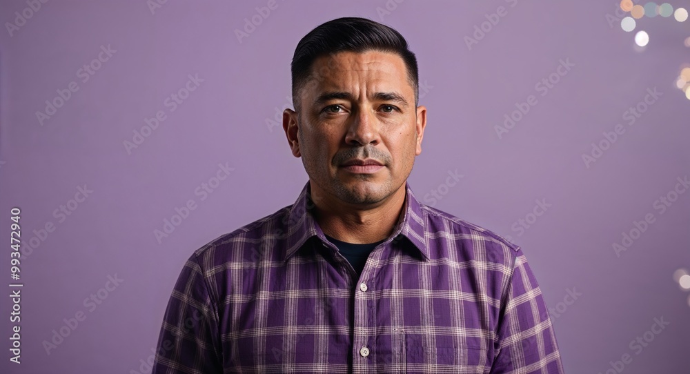 Obraz premium Focused middleaged Hispanic man with short hair wearing plaid shirt on plain lavender background