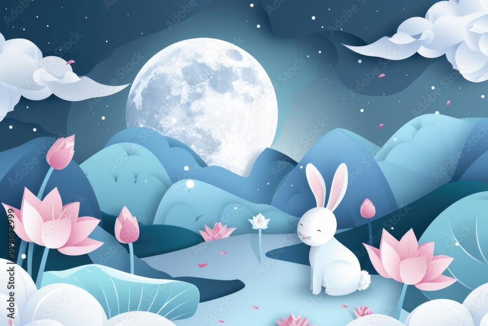 A rabbit sits in a lush field of flowers, a peaceful scene A rabbit sits in a lush field of flowers, a peaceful scene
