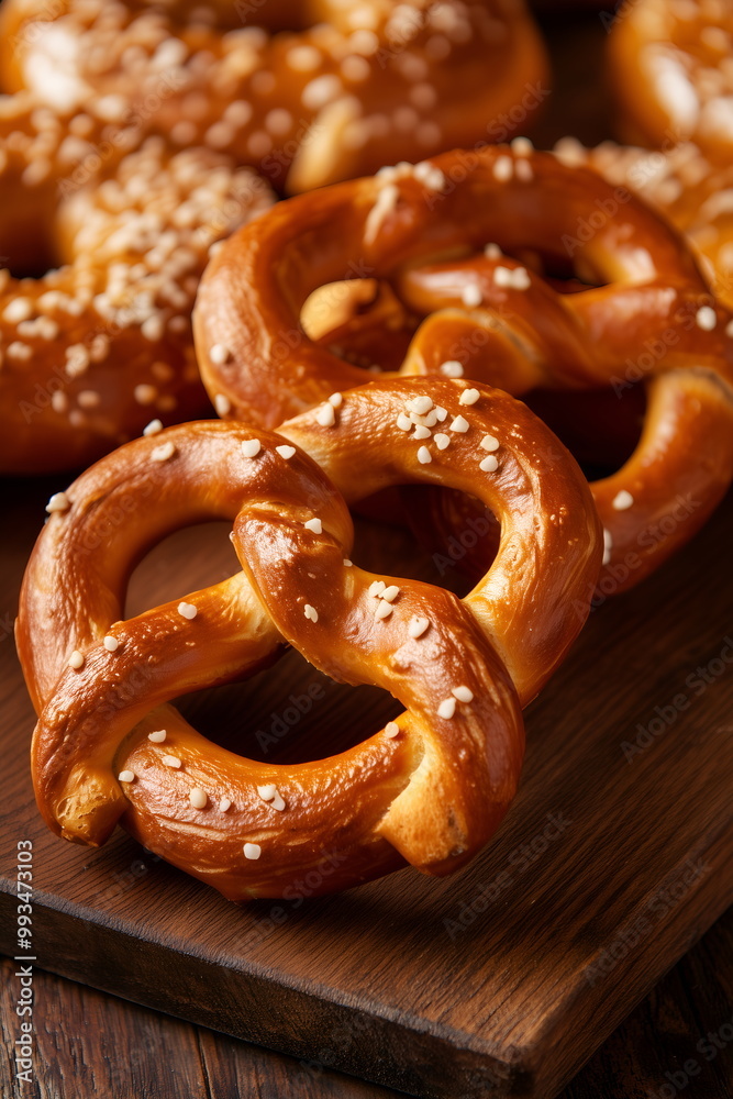 A close-up of a traditional Bavarian pretzel with coarse salt grains, on a wooden cutting board A close-up of a traditional Bavarian pretzel with coarse salt grains, on a wooden cutting board