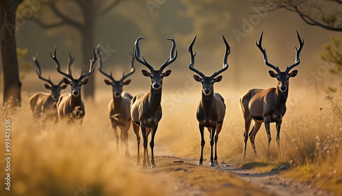 Group of père david's deer standing on a path at sunset photo