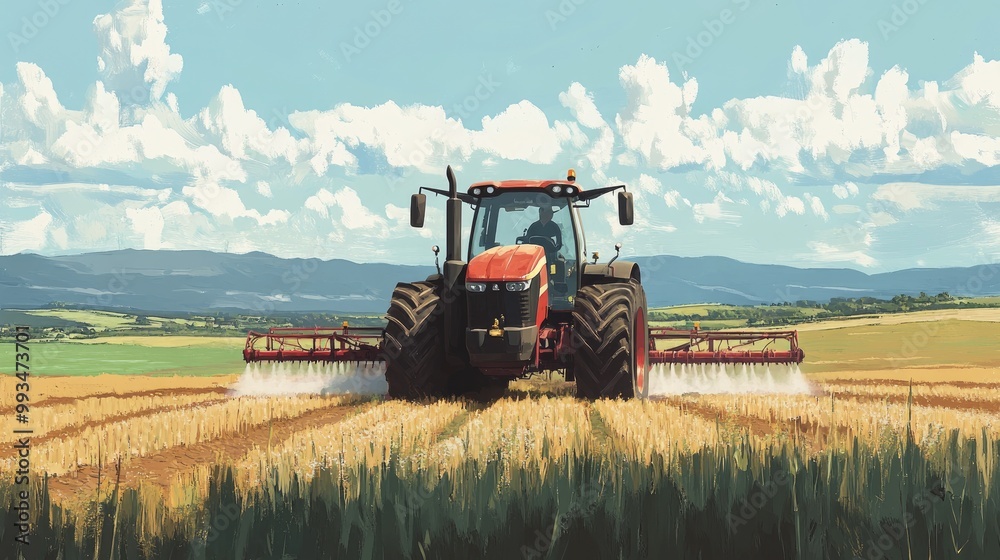 Fototapeta premium Large farming tractor with a pesticide sprayer attachment, dispersing chemicals over a wide expanse of crops in a rural setting.