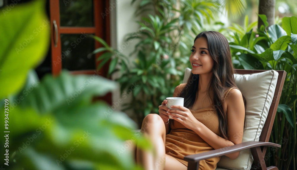Young woman enjoying a relaxing morning coffee on a lush tropical patio Young woman enjoying a relaxing morning coffee on a lush tropical patio