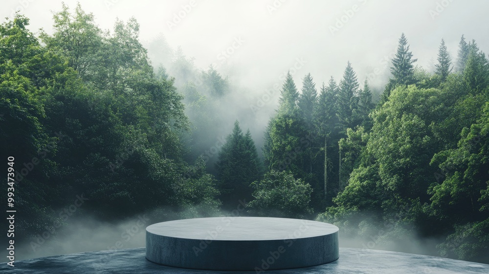 Modern product placement podium with mist and fog hovering over a lush forest floor, trees fading into the background. Modern product placement podium with mist and fog hovering over a lush forest floor, trees fading into the background.
