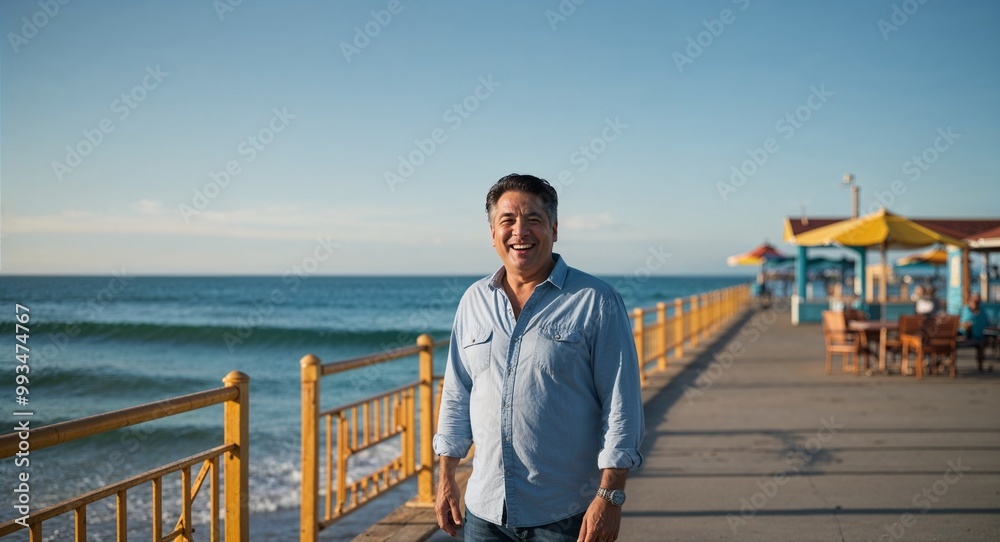 Happy middleaged Hispanic man wearing casual clothes at a beachside pier Happy middleaged Hispanic man wearing casual clothes at a beachside pier