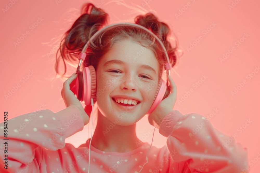 A young girl wearing headphones and smiling A young girl wearing headphones and smiling