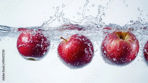 Slow-motion water splash with crisp red apples suspended in air, vivid contrast on a pure white background.