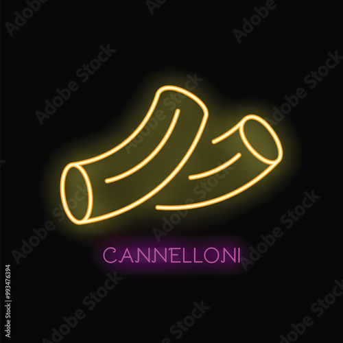 Neon sign of delicious cannelloni, traditional italian food, glowing on a black background