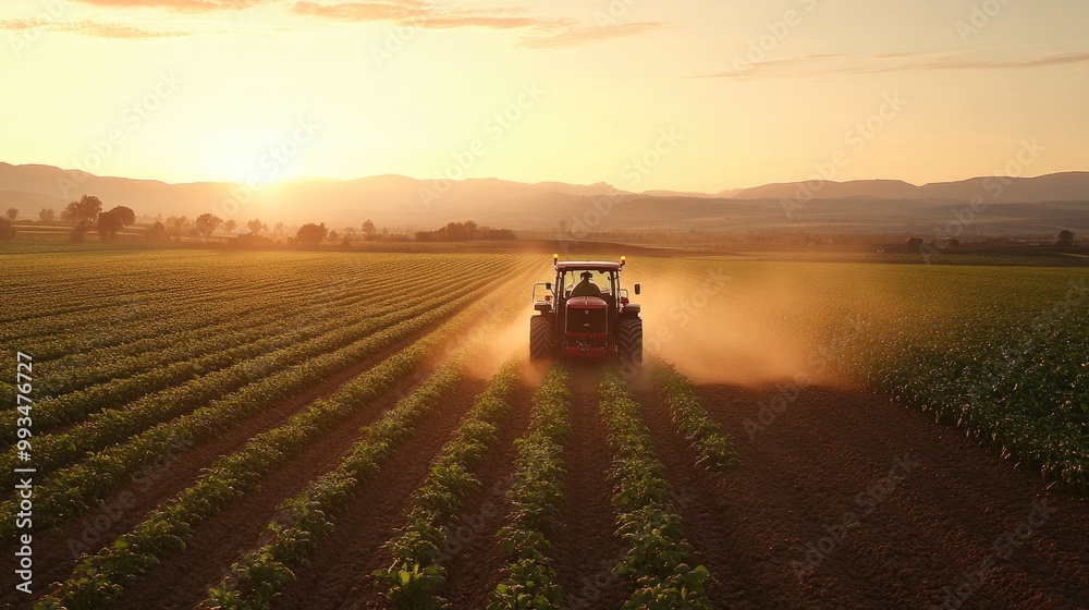 Fototapeta premium Tractor equipped with a pesticide sprayer system working in a neatly lined field of crops, dust and mist visible in the air.