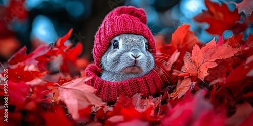 A Curious Bunny Wearing a Red Knit Hat Nestled in a Bed of Autumn Leaves