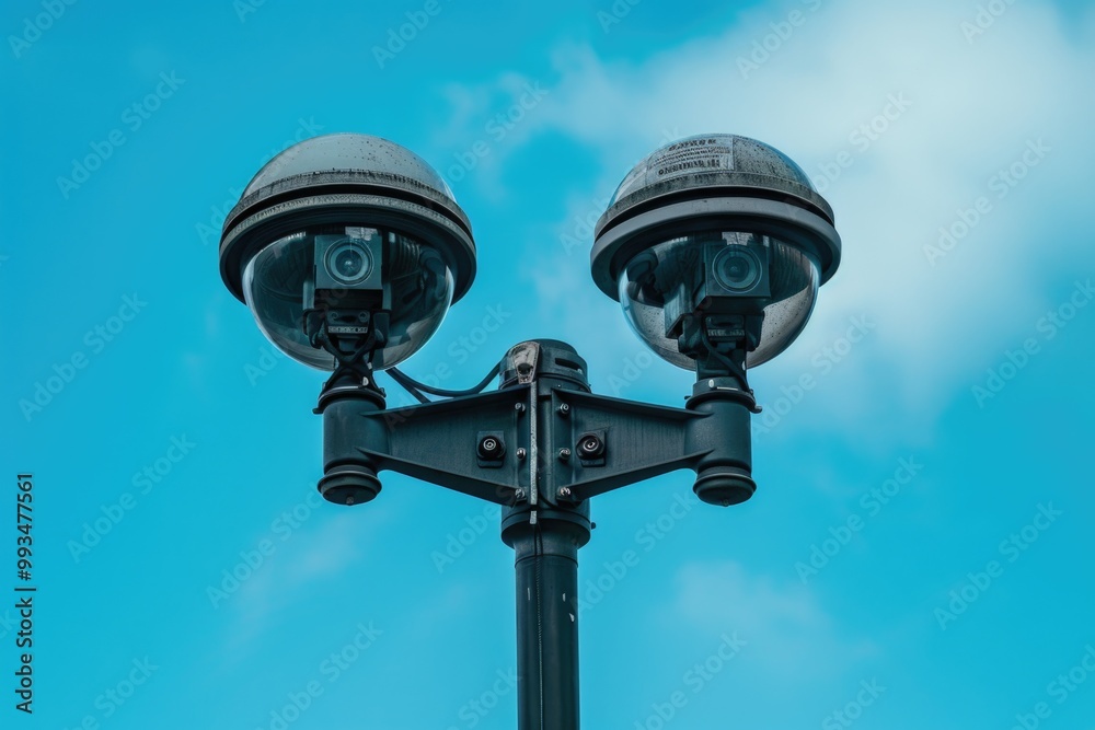 Two streetlights on a pole against a blue sky Two streetlights on a pole against a blue sky
