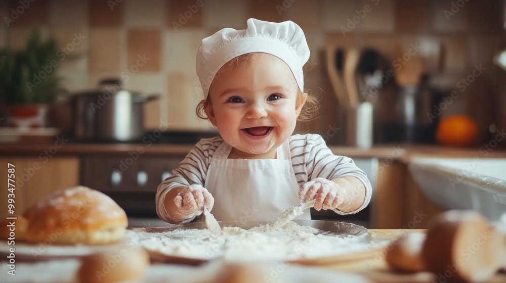 An adorable baby is exploring cooking with curiosity, creating fun and memorable moments in the kitchen with family. An adorable baby is exploring cooking with curiosity, creating fun and memorable moments in the kitchen with family.