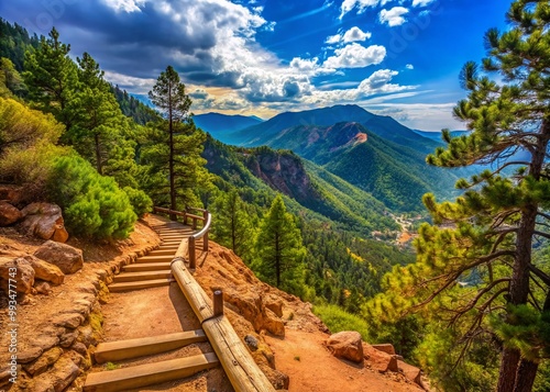 Scenic view of the Manitou Incline hiking trail with stunning mountains in Colorado on a sunny day photo