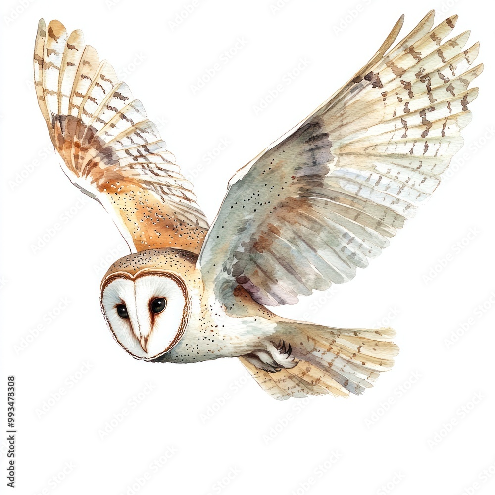 Fototapeta premium Barn owl soaring in flight, white isolate background