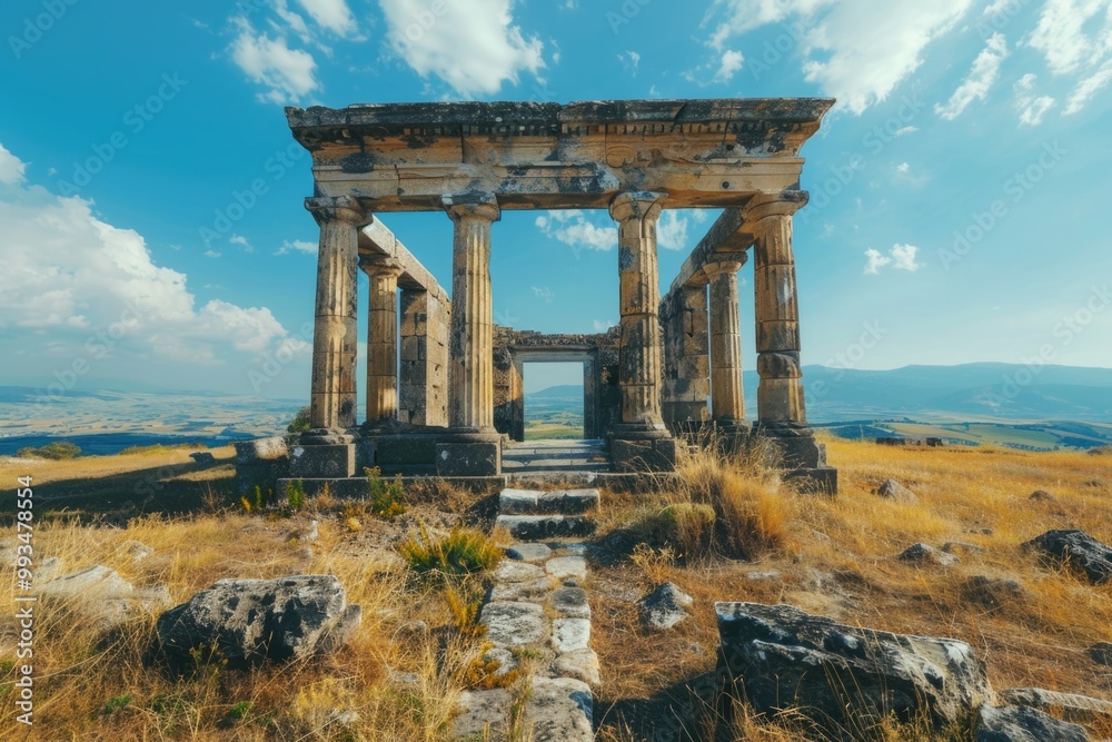 Fototapeta premium A stone structure sits atop a hill, surrounded by a clear blue sky
