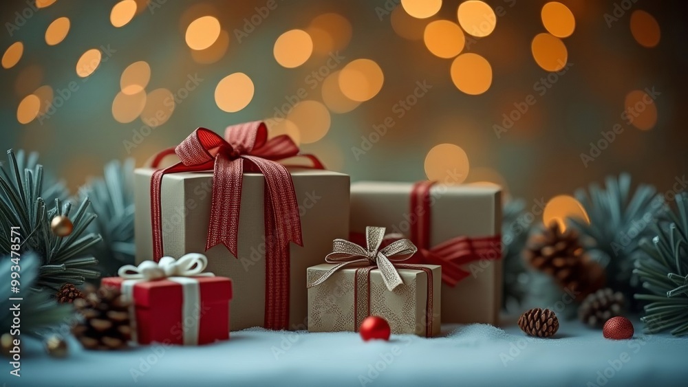 New Year's gifts in red and gold tones with Christmas and New Year decorations New Year's gifts in red and gold tones with Christmas and New Year decorations