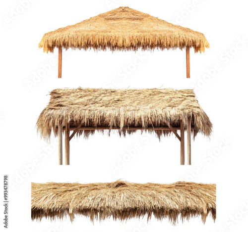 Thatched roof structures are made from dried grass or straw. Generative AI thatching straw roof collection on a transparent background.