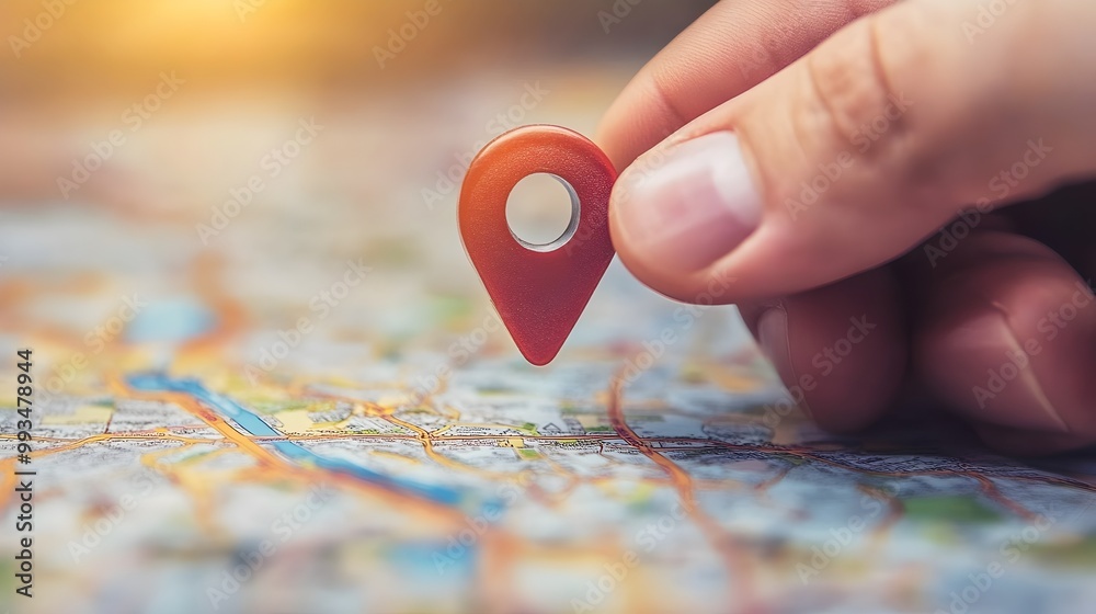 hand on the map with gps signal and location. Showing Location on map with marker. Hand holding pin icon on map, red locatin icon. Concept of loaction, adress and navigation hand on the map with gps signal and location. Showing Location on map with marker. Hand holding pin icon on map, red locatin icon. Concept of loaction, adress and navigation