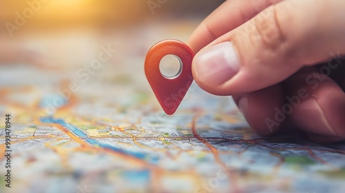 hand on the map with gps signal and location. Showing Location on map with marker. Hand holding pin icon on map, red locatin icon. Concept of loaction, adress and navigation