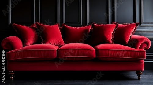 A plush, crimson velvet sofa with elegant, tufted back cushions rests on a black wood floor, a timeless piece of furniture that evokes a sense of comfort and sophistication. photo