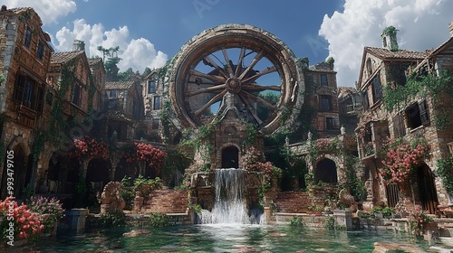 Stone Architecture: A Fantasy Village with a Giant Wheel photo