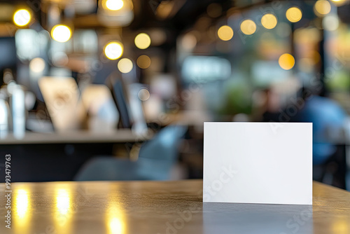 A close-up shot of an empty white card on the table in front, captured from a frontal perspective with a blurred background of a coffee shop interior. Created with Ai photo