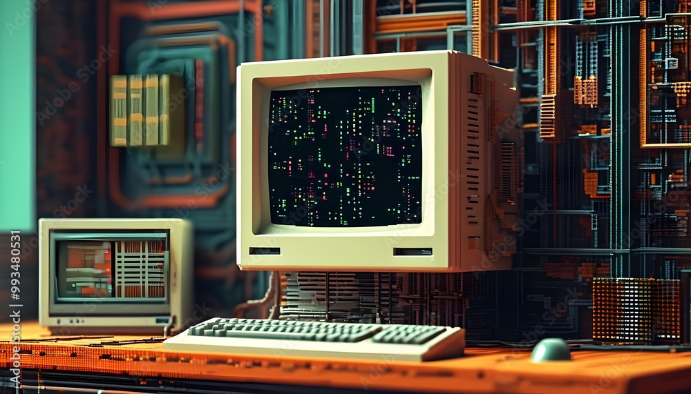 Retro digital technology reimagined with hyper-realistic interconnected ...